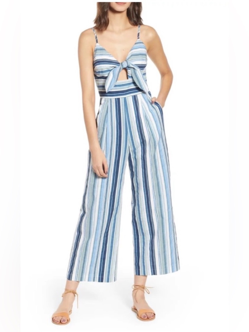 Moon River Striped Blue Tie-Front Jumpsuit XS